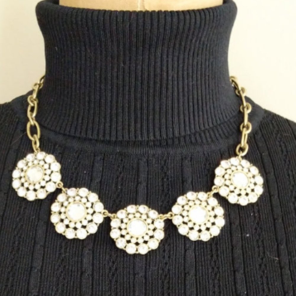 J. Crew statement necklace in crystal flowers pattern set in brass